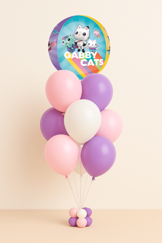 Gabby’s Dollhouse balloon bouquet with Gabby Cats foil balloon and pastel pink, purple, and white latex balloons with balloon base.