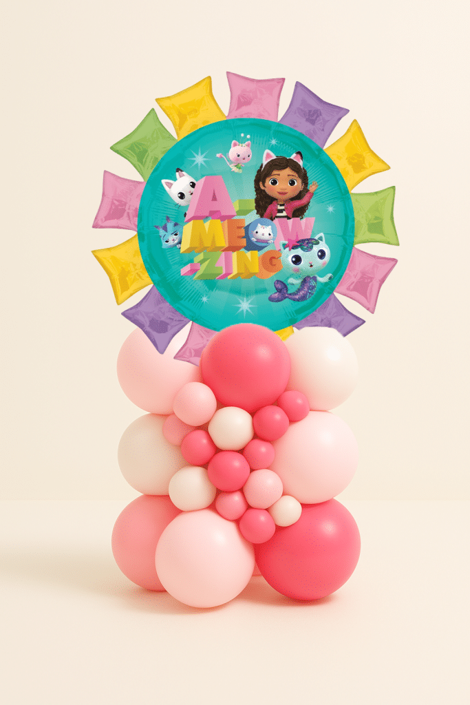 Gabby’s Dollhouse balloon tower with large foil balloon “A-Meow-Zing” surrounded by rainbow stars, on a pink balloon base with light pink, hot pink, and white clusters.