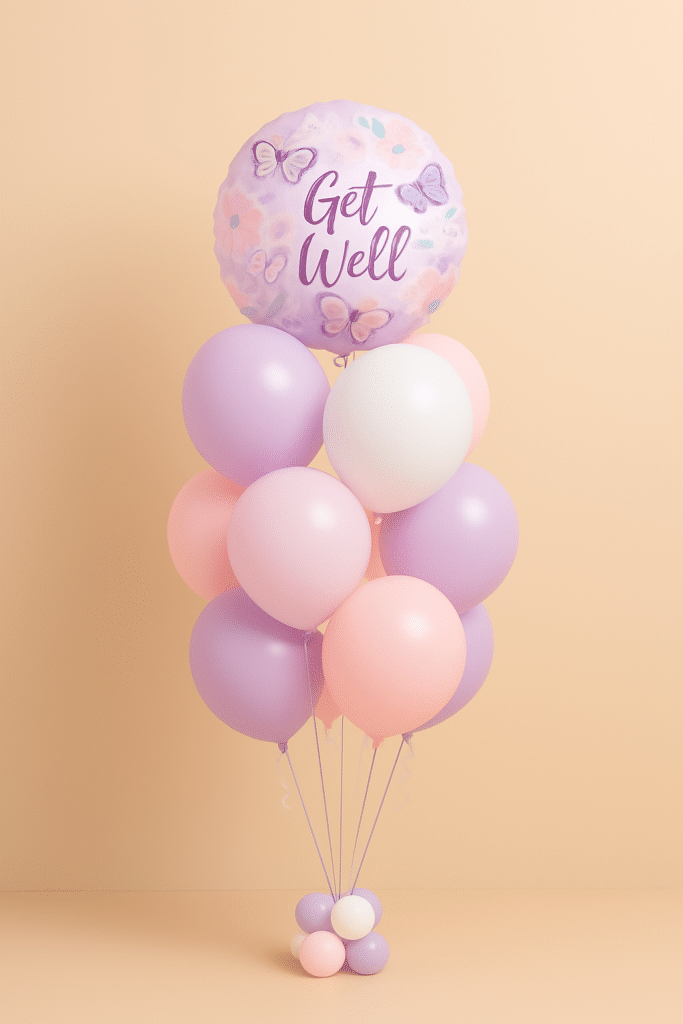 Pastel Get Well balloon bouquet with butterfly foil and pink-lilac latex balloons.