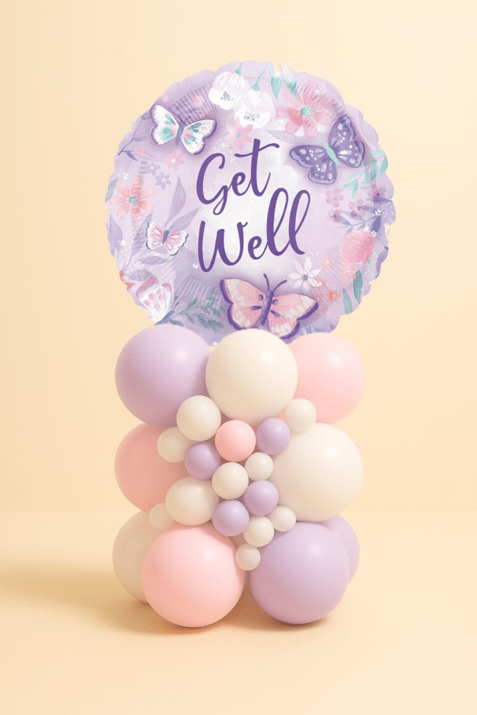 Pastel Get Well balloon arrangement with butterfly foil and pink-lilac-white balloon base.