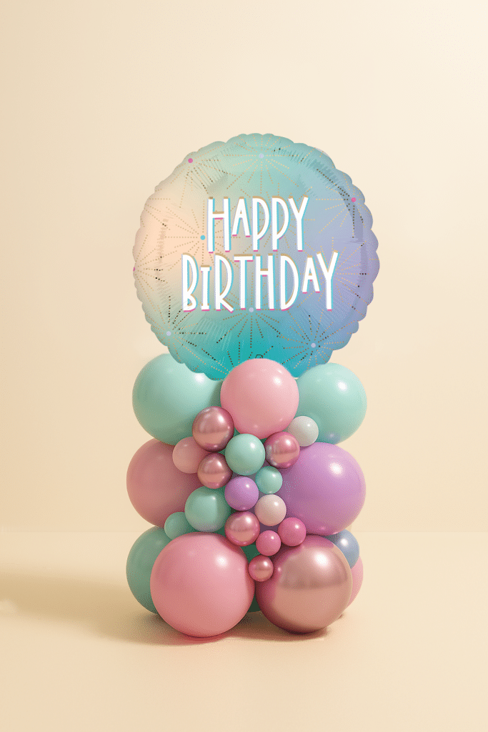 Happy Birthday pastel balloon centerpiece with foil topper and layered mint, pink, lilac, and rose gold balloons.