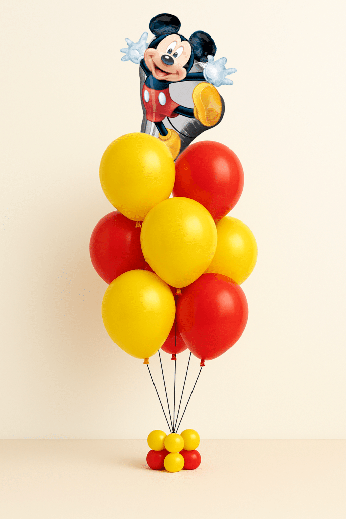 “Mickey Mouse balloon bouquet with red and yellow latex balloons and a Mickey foil topper.”