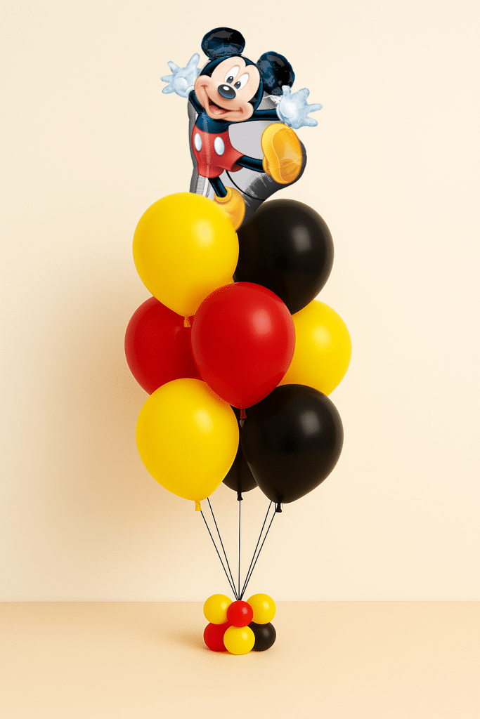“Mickey Mouse balloon bouquet with red, yellow, and black latex balloons and a Mickey foil topper.”