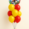 Mickey Mouse and friends birthday balloon bouquet with red and yellow latex balloons and character foil balloon on neutral background