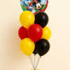 Mickey Mouse and friends birthday balloon bouquet with red yellow and black latex balloons and character foil balloon on neutral background