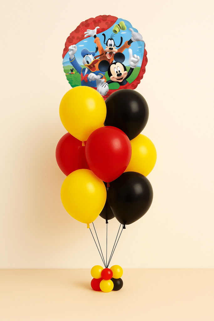 Mickey Mouse and friends birthday balloon bouquet with red yellow and black latex balloons and character foil balloon on neutral background
