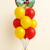 Mickey Mouse Orbz balloon bouquet with red and yellow latex balloons and small balloon base on neutral background
