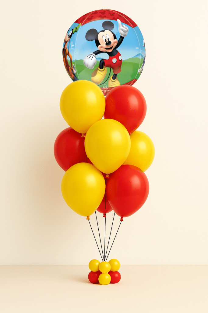 Mickey Mouse Orbz balloon bouquet with red and yellow latex balloons and small balloon base on neutral background