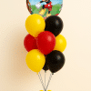 Mickey Mouse balloon bouquet with red yellow and black latex balloons and small balloon base on neutral background