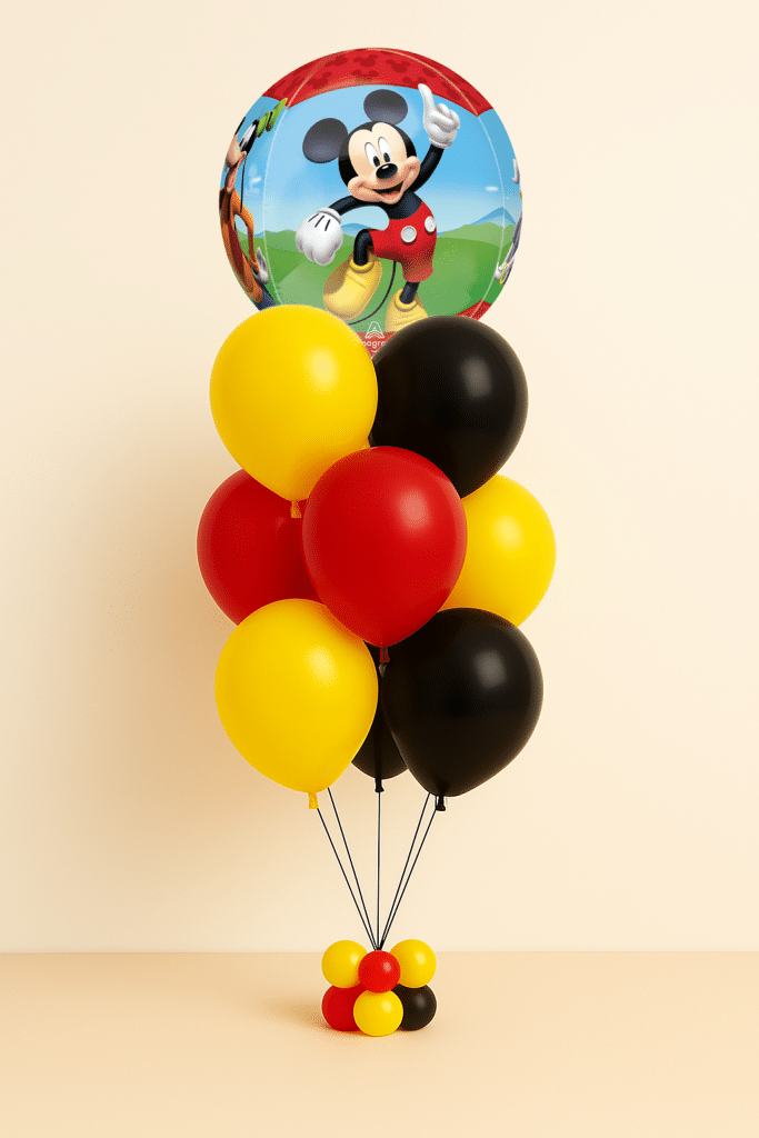 Mickey Mouse balloon bouquet with red yellow and black latex balloons and small balloon base on neutral background