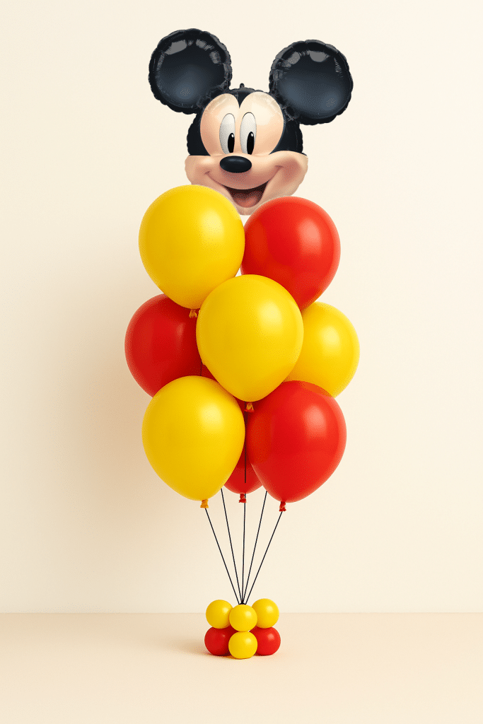 Mickey Mouse head balloon bouquet with red and yellow latex balloons and small coordinating balloon base on neutral background