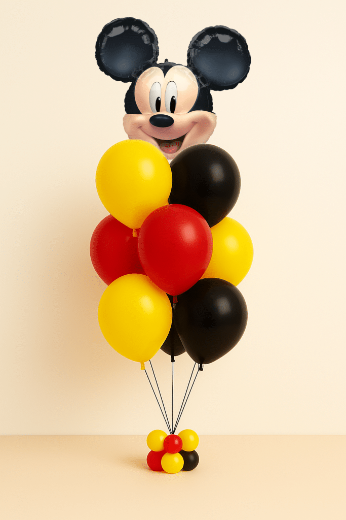 Mickey Mouse head balloon bouquet with red yellow and black latex balloons and matching mini balloon base on neutral background
