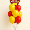 Mickey Mouse Happy Birthday star foil balloon bouquet with red and yellow helium latex balloons and matching mini balloon base on neutral background