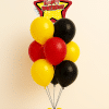 Mickey Mouse Happy Birthday star foil balloon bouquet with red, yellow and black helium latex balloons and matching mini balloon base on neutral background
