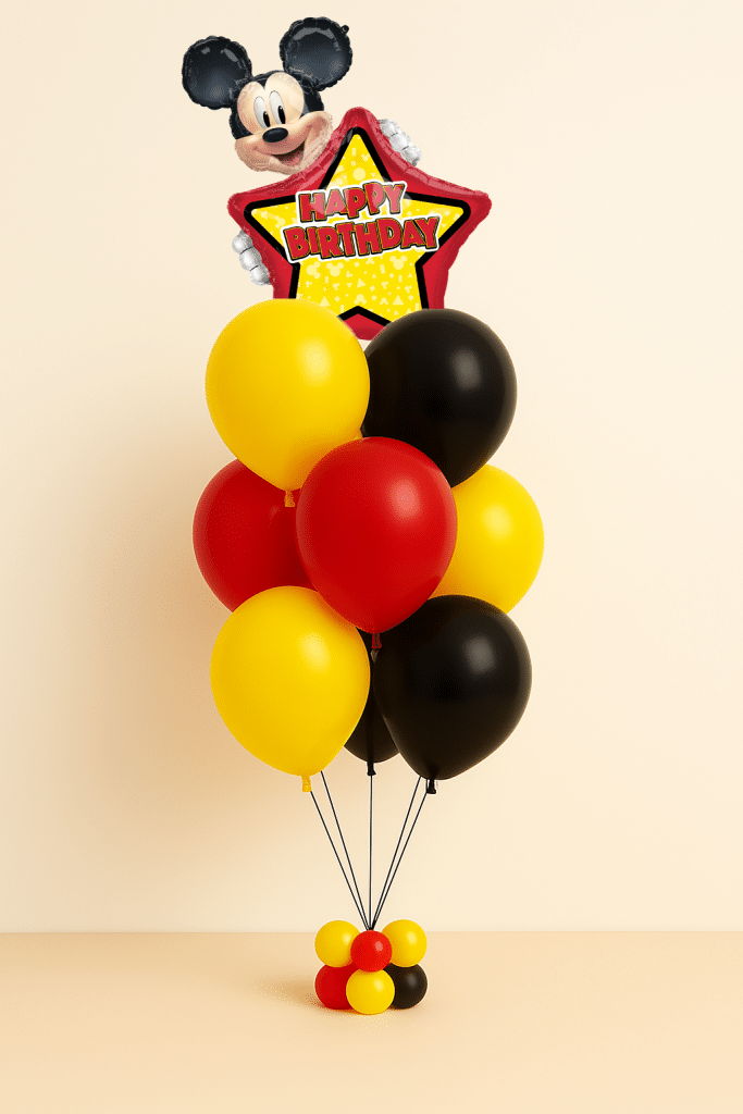 Mickey Mouse Happy Birthday star foil balloon bouquet with red, yellow and black helium latex balloons and matching mini balloon base on neutral background