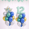 Mint birthday balloon set with number balloons, Happy Birthday star bouquet and loose mint ceiling balloons in blue gold and silver tones