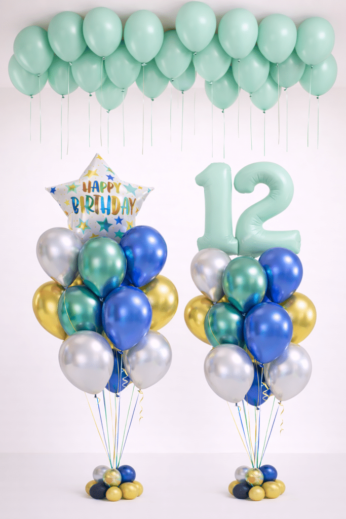Mint birthday balloon set with number balloons, Happy Birthday star bouquet and loose mint ceiling balloons in blue gold and silver tones