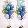 Mint number birthday balloon bouquet and Happy Birthday star balloon arrangement in blue gold and silver chrome colours with matching mini balloon bases