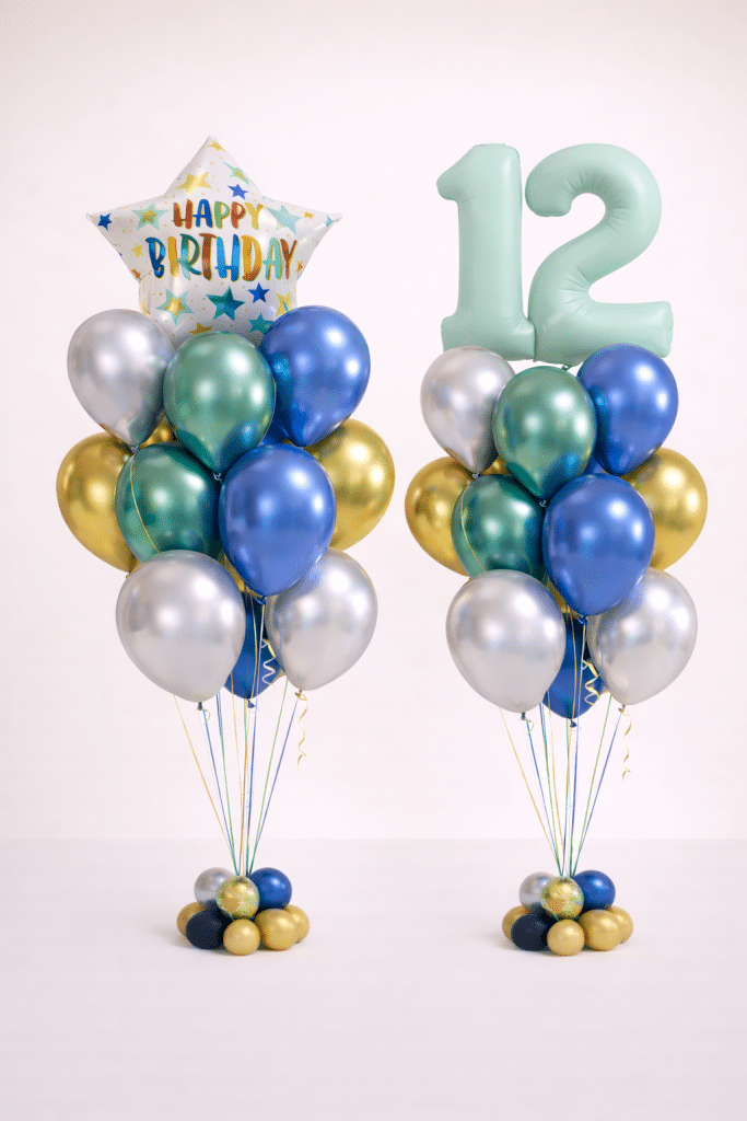 Mint number birthday balloon bouquet and Happy Birthday star balloon arrangement in blue gold and silver chrome colours with matching mini balloon bases