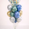 Happy Birthday star balloon bouquet with mint blue gold and silver chrome latex balloons on matching mini balloon base