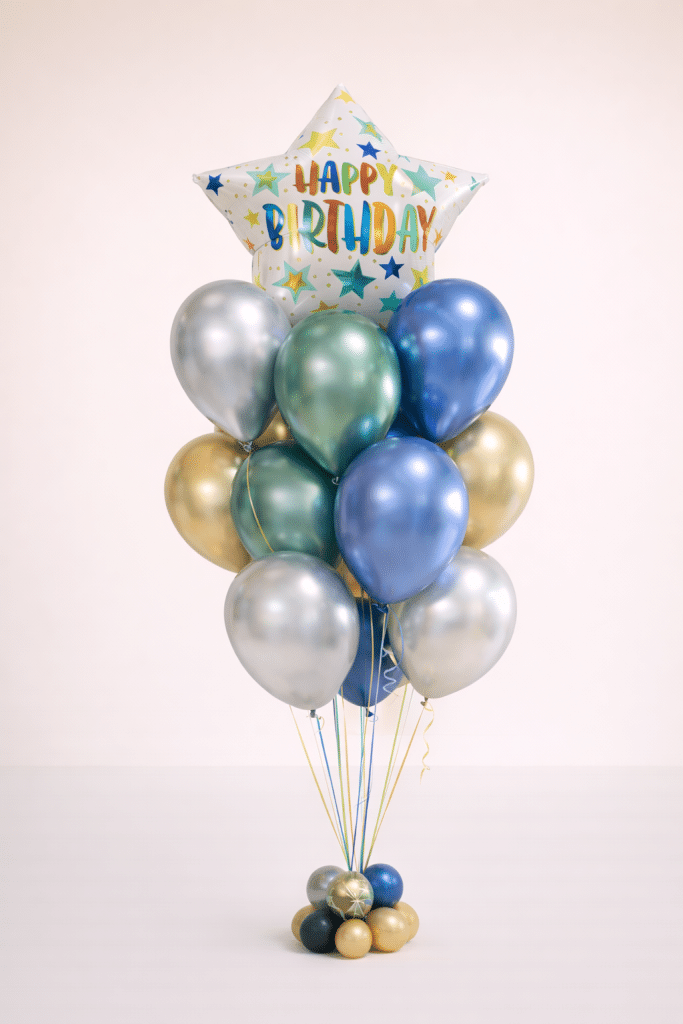 Happy Birthday star balloon bouquet with mint blue gold and silver chrome latex balloons on matching mini balloon base