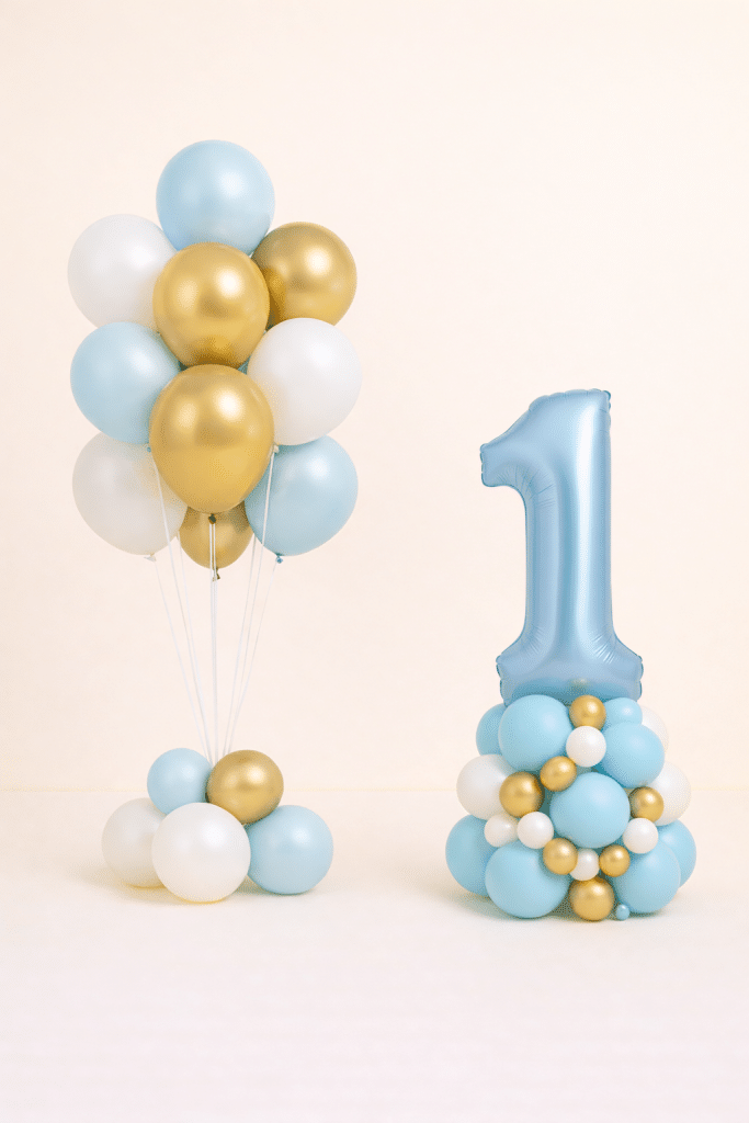 Light blue number one balloon tower with matching blue white and gold balloon bouquet on coordinating mini balloon bases