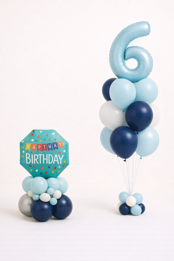 Light blue number birthday balloon bouquet with matching Happy Birthday balloon base in navy light blue and white colours