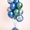 Blue and green chrome birthday balloon bouquet with two Happy Birthday foil balloons and matching mini balloon base