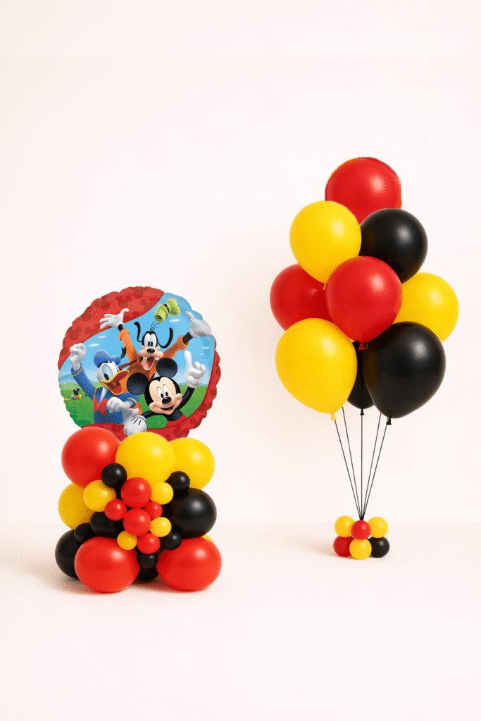 Mickey and Friends birthday balloon set with character balloon base and matching red yellow and black balloon bouquet