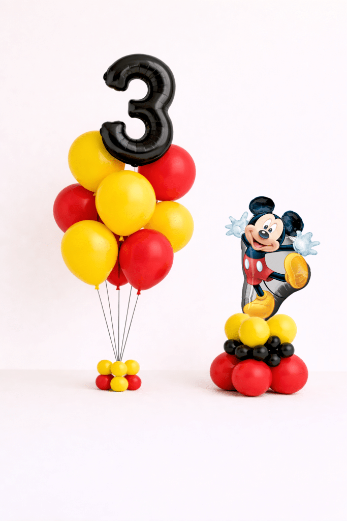 Mickey Mouse birthday balloon set with black number balloon bouquet and standing Mickey character balloon base in red yellow and black colours