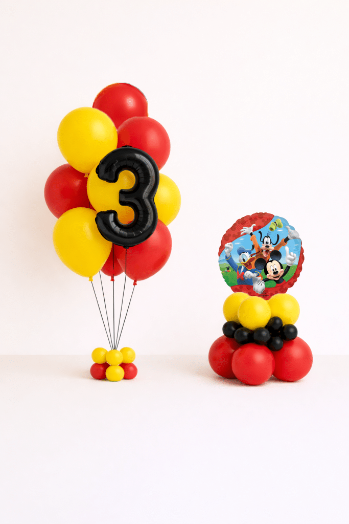 Mickey and Friends birthday balloon set with black number balloon bouquet and character balloon base in red yellow and black colours