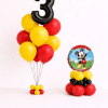 Mickey Mouse birthday balloon set with black number balloon bouquet and round character balloon base in red yellow and black colours