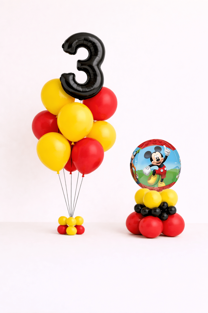 Mickey Mouse birthday balloon set with black number balloon bouquet and round character balloon base in red yellow and black colours