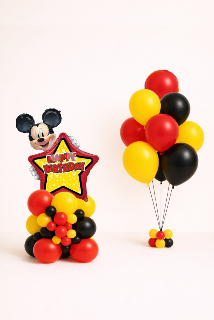 Mickey Mouse Happy Birthday star balloon base with matching red yellow and black balloon bouquet
