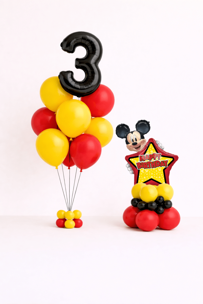 Mickey Mouse birthday balloon set with black number balloon bouquet and Happy Birthday star character base in red yellow and black colours
