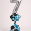 Silver number balloon tower with twisted blue and black column and chrome balloon base in blue black and silver colours