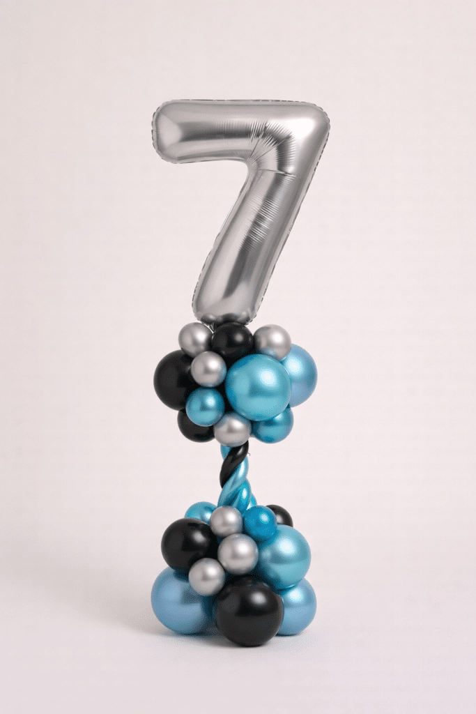 Silver number balloon tower with twisted blue and black column and chrome balloon base in blue black and silver colours