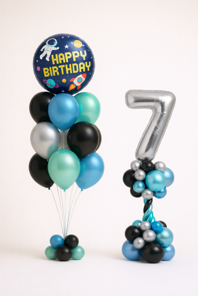 Space themed birthday balloon set with silver number tower and matching blue teal black and silver balloon bouquet with rocket design