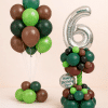 Minecraft themed birthday balloon set with silver number tower and green brown balloon bouquet with matching mini balloon bases