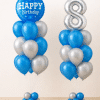 Blue and silver birthday balloon set with custom silver number foil balloon and matching Happy Birthday bouquet on floor-standing bases