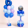 Blue and silver birthday balloon set with Stitch character column and custom silver number balloon on floor-standing bases
