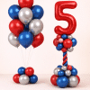 Red blue and silver birthday balloon set with custom number column and matching latex balloon bouquet on floor-standing bases