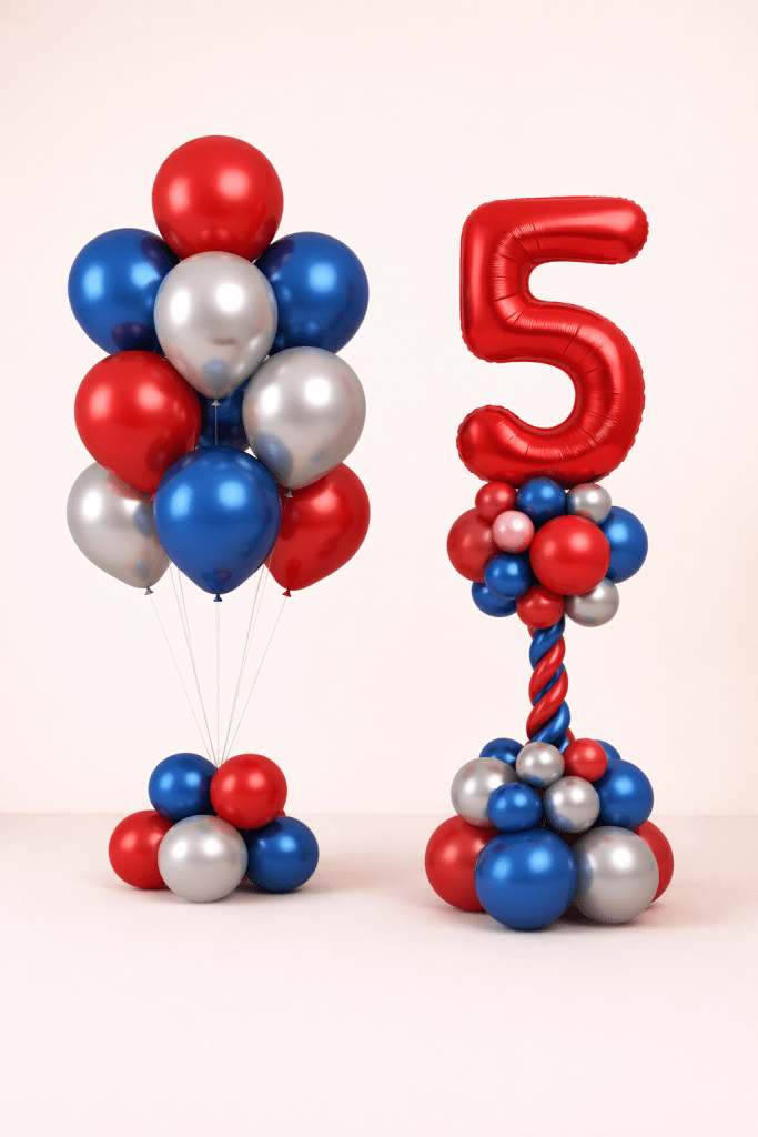 Red blue and silver birthday balloon set with custom number column and matching latex balloon bouquet on floor-standing bases