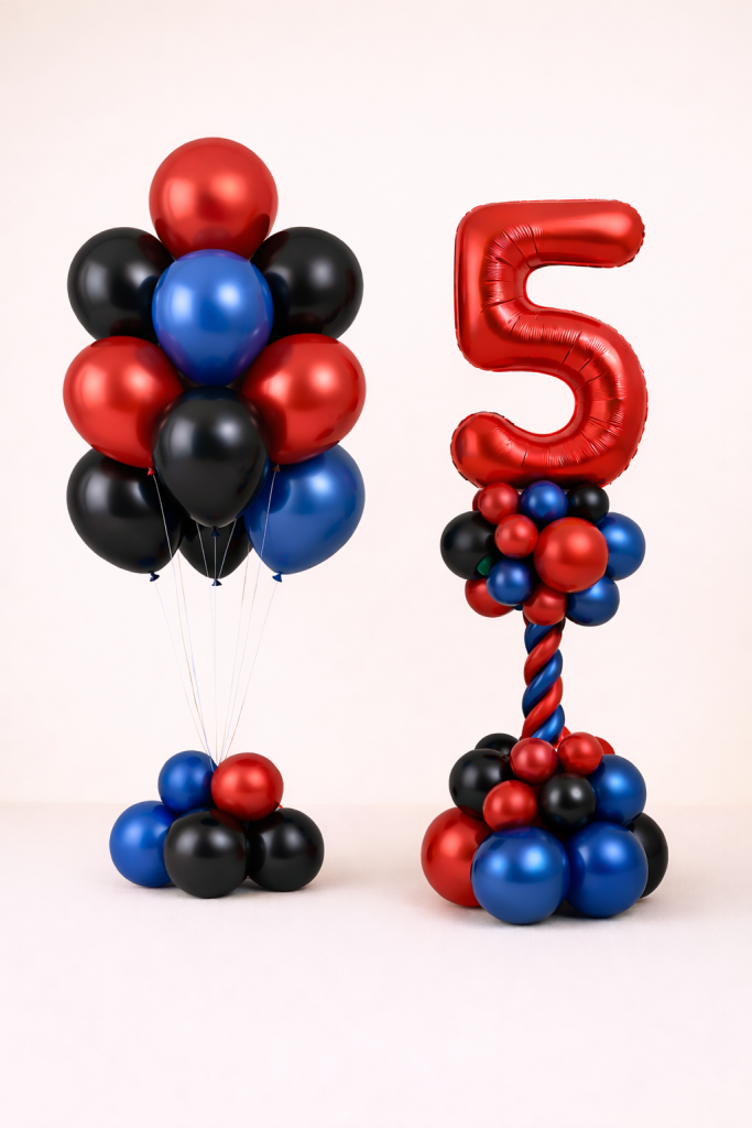 Red blue and black birthday balloon set with custom number column and matching latex balloon bouquet on floor-standing bases