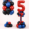 Spiderman birthday balloon set with custom number column and matching red blue black superhero balloon bouquet on floor-standing bases