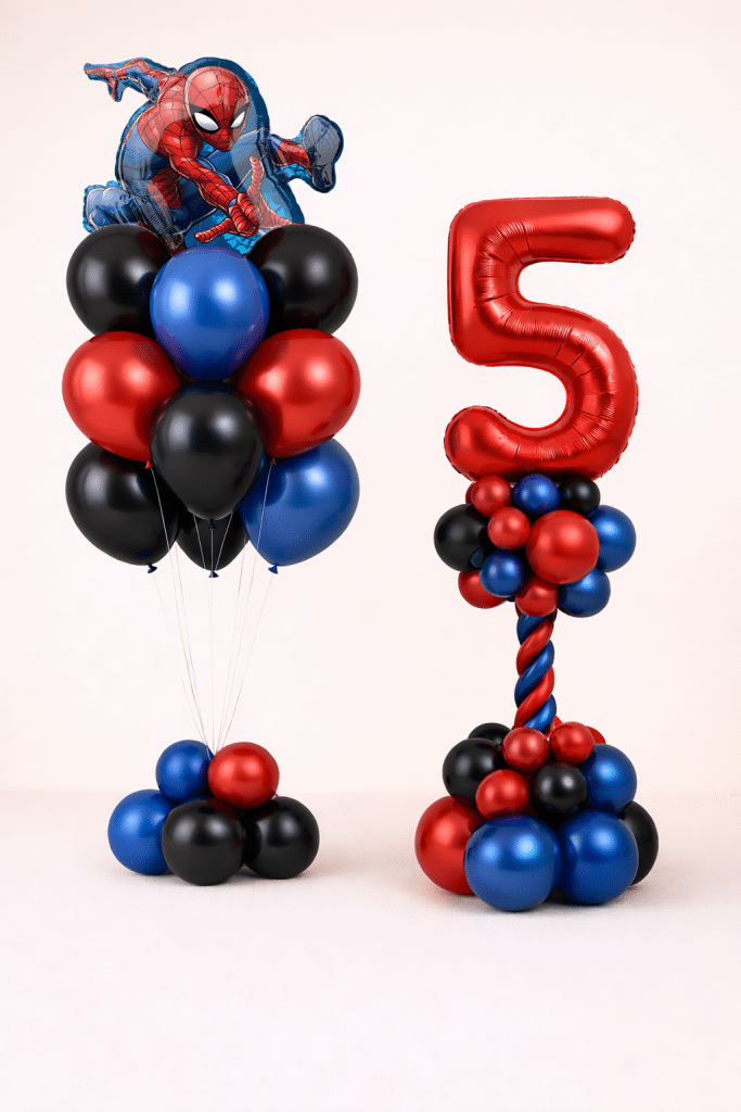 Spiderman birthday balloon set with custom number column and matching red blue black superhero balloon bouquet on floor-standing bases