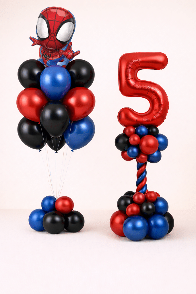 Spiderman birthday balloon set with custom number column and Spiderman head balloon bouquet in red blue and black colours