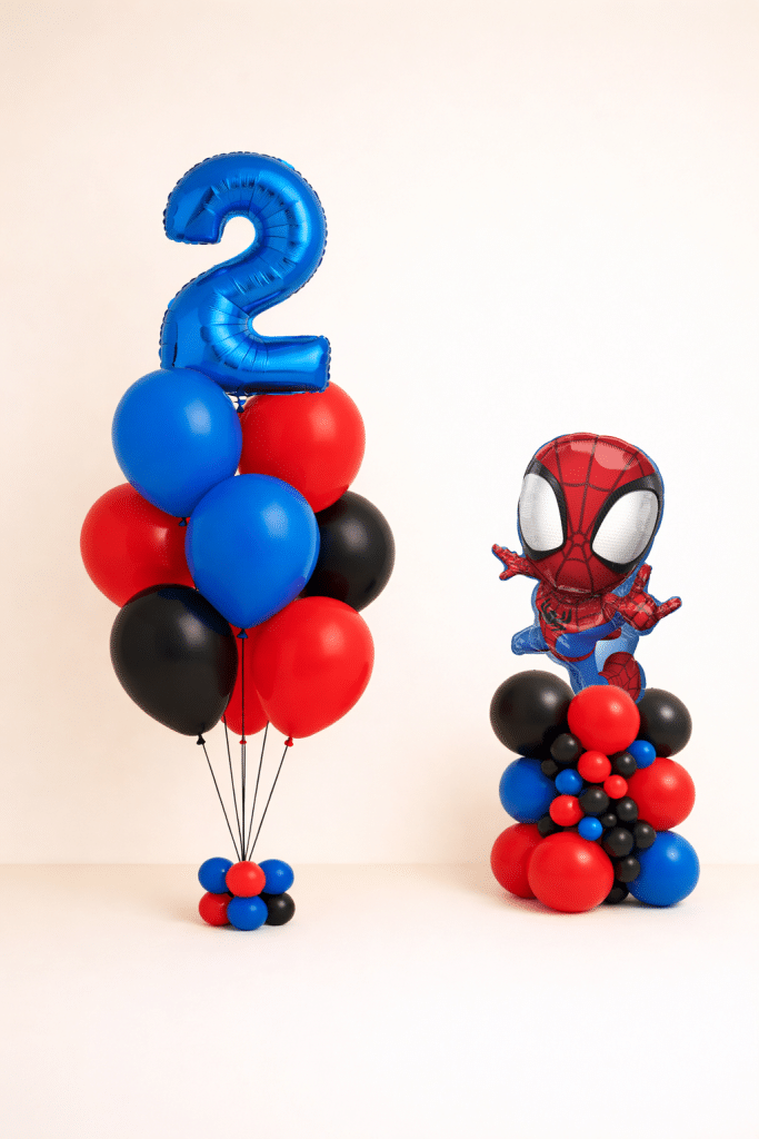 Spiderman birthday balloon set with custom number bouquet and Spiderman character column in red blue and black colours