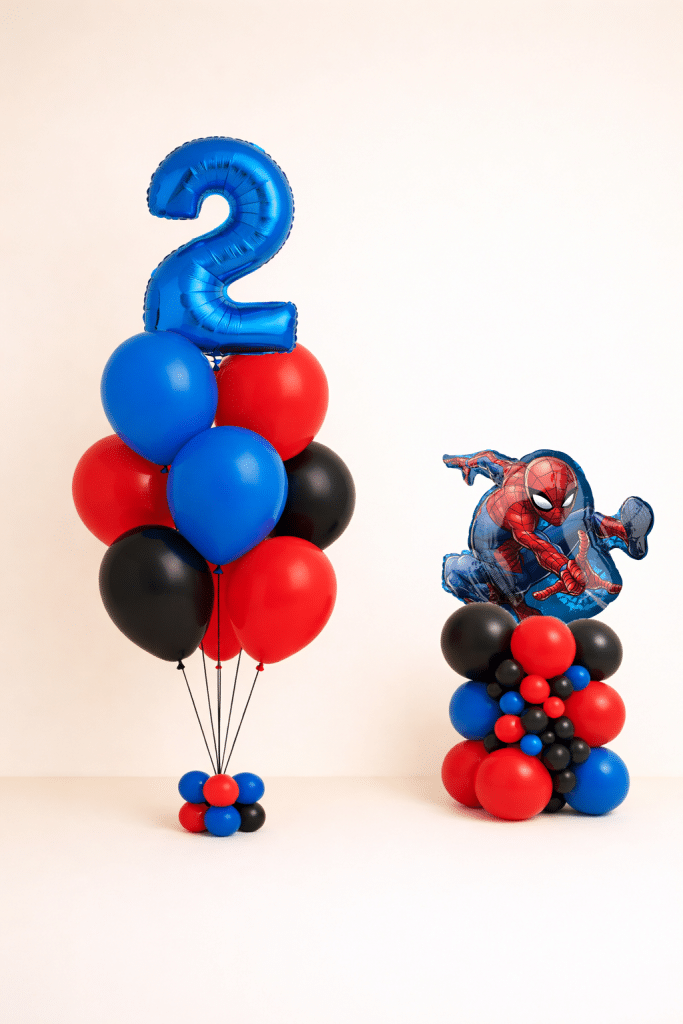 Spiderman birthday balloon set with custom number bouquet and Spiderman character balloon arrangement in red blue and black colours