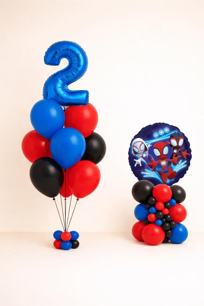 Spiderman birthday balloon set with custom number bouquet and round Spiderman foil balloon arrangement in red blue and black colours